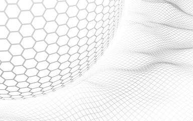 Abstract landscape on a white background with white honeycomb sphere. Cyberspace grid. hi tech network. 3d illustration