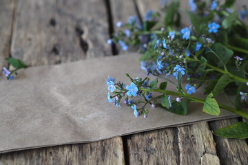 Spring floral background. Bouquet of tender blue forget me nots on a wooden table with a chair in the foreground. Place for text.