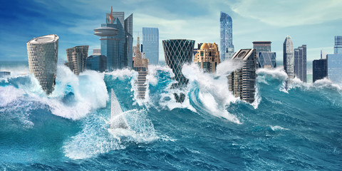 Big tsunami and flooding cataclysm in city with skyscrapers