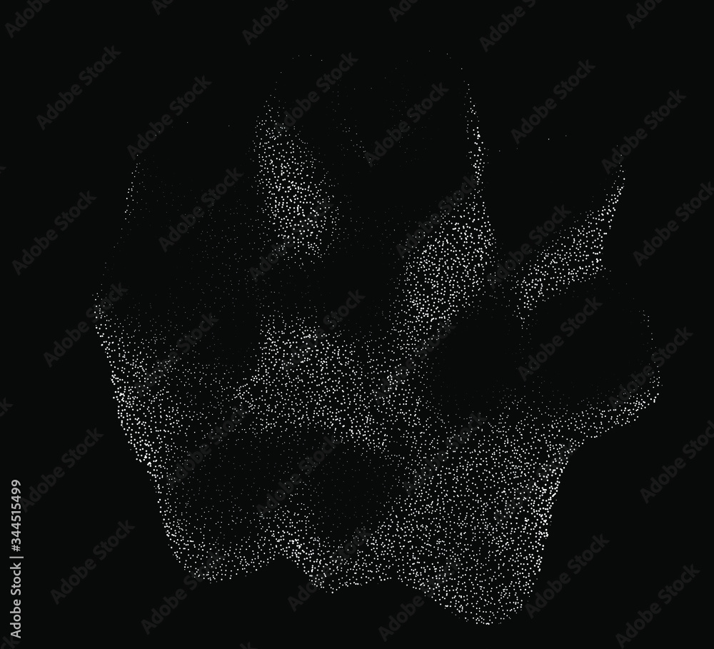 Poster Distorted and glitched sphere made of particles. Generative computer art and parametric design.