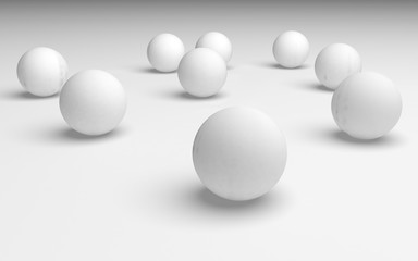 White abstract background. Set of white balls isolated on white backdrop. 3D illustration