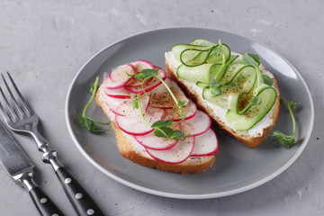 Two sandwiches with cucumbers, radishes and peas microgreen on gray plate on gray background, Closeup