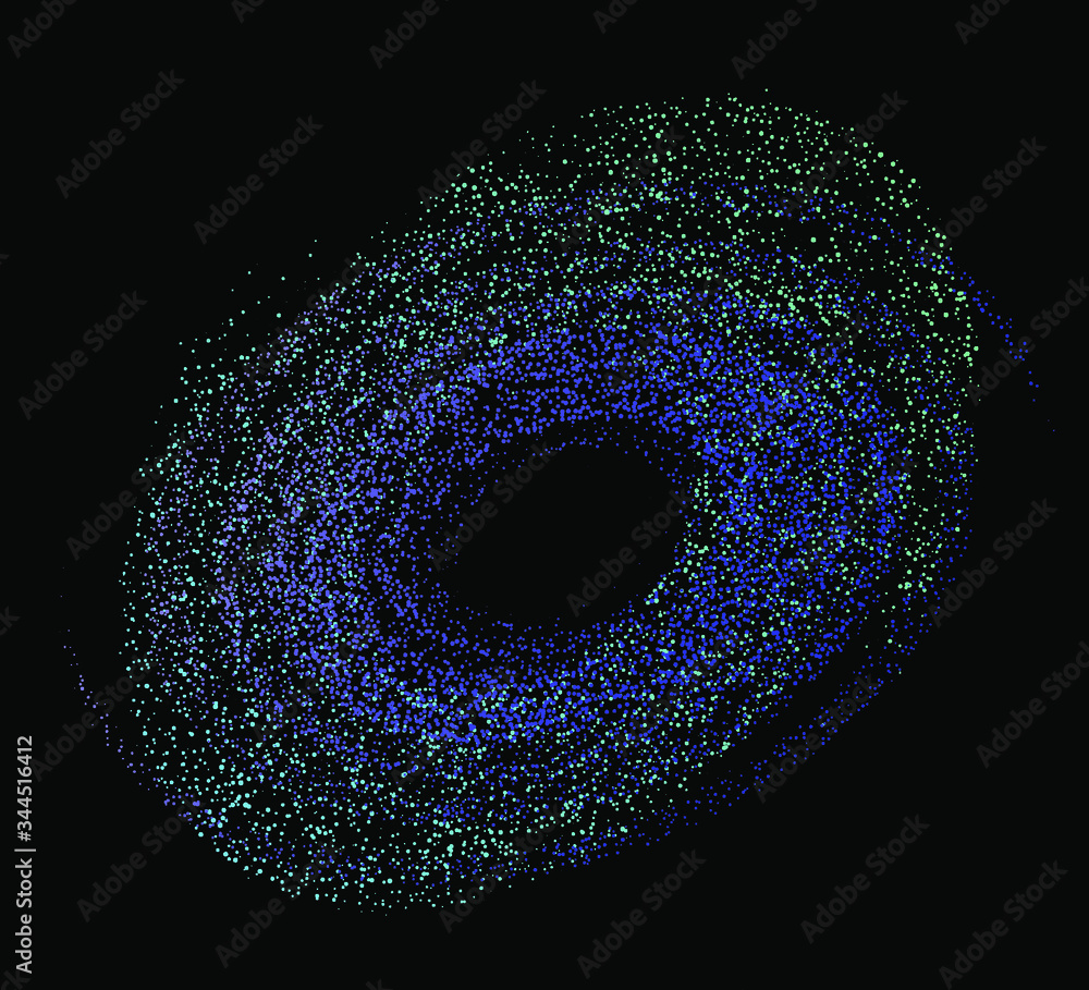 Poster cosmic nebula, swirl and spiral made of dots and particles.
