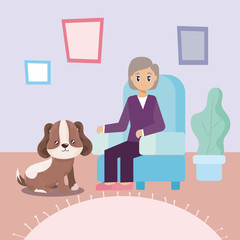 elderly woman in the living room with a dog
