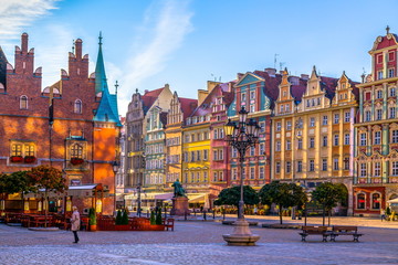 Wroclaw, Poland, market square early in the morning. Colorful cities concept. Travel Europe.
