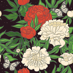 Seamless pattern with red and white peonies and butterflies. Vector graphics.
