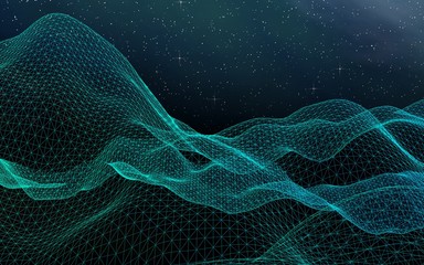 Fototapeta premium Abstract landscape on a dark background. Cyberspace grid. hi tech network. Outer space. Starry outer space texture. 3D illustration