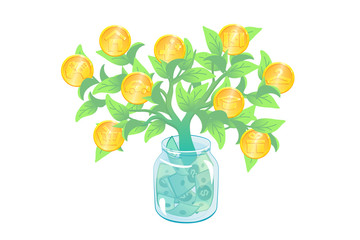 Monthly Expenses Concept with Money Tree and Car, Travel, Medicine, Food, Education, Gift, Shopping, Entertainment, Saving and House coin icons. Family Payment budget planning. Save investment