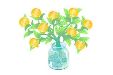 Monthly Expenses Concept with Money Tree and Car, Travel, Medicine, Food, Education, Gift, Shopping, Entertainment, Saving and House coin icons. Family Payment budget planning. Save investment