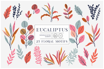 Eucaliptus set isolated on bright background. Vector modern design for t-shirt,print material,cloth and textile. For invite and wedding card,wallpaper,poster,greeting card - 344518221