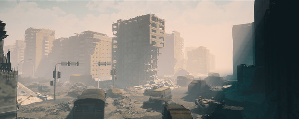 wasteland city and apocalypse aftermath, ruins of city. 3d render, 3d illustration