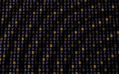 Fototapeta premium Bitcoin and currency on a dark background. Digital crypto currency symbol. Wave effect, currency market fluctuations. Business concept. 3D illustration