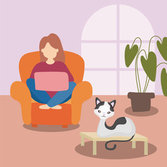 woman in the living room with a cute cat, stay home