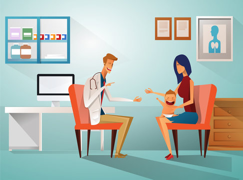 Illustration Image Of Doctor With Mother And Baby At Clinic