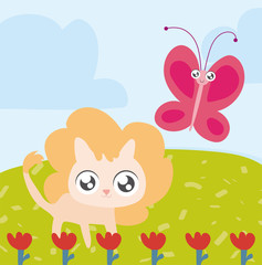 lion and butterfly, animals in kawaii style