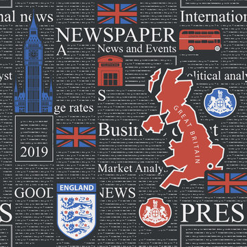 Vector seamless pattern with UK or London magazine. Black page of magazine or newspaper with headings, colored illustrations and white illegible text. Suitable for wallpaper, wrapping paper or fabric
