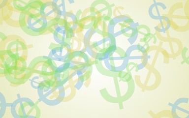 Multicolored translucent dollar signs on white background. 3D illustration