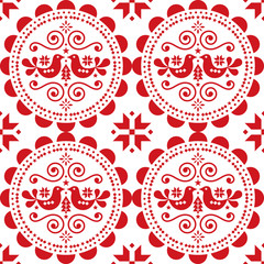 Scandinavian Christmas seamless vector pattern with birds, snowflakes, hearts and Christmas trees - Nordic folk art style
