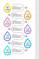 Vector infographic with 7 drops and icons. Template of seven business options. Modern design for flowchart, presentations, banner, diagram, timeline. Path step by step