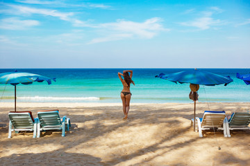 woman, bikini, beach, beauty, summer, young, beautiful, body, model, people, sea, swimsuit, vacation, sky, water, hair, fashion, tropical, person, sand, one, swimwear, blue, hot, tan, phuket,thailand,