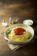 Pasta with tomato sauce and basil