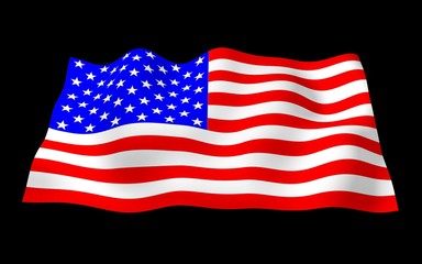 Waving flag of the United States of America on a dark background. Stars and Stripes. State symbol of the USA. 3D illustration