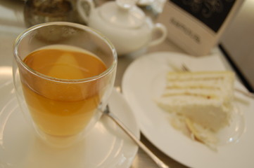 Hot tea and white cake breakfast