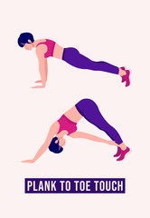 Girl doing Plank To Toe Touch exercise, Woman workout fitness, aerobic and exercises. Vector Illustration.