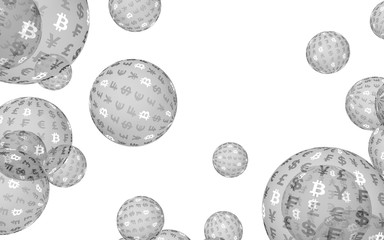 Bitcoin economic financial bubble. crypto currency 3D illustration. Business concept. Silver bubbles on white background. Bit, Coin, mining concept