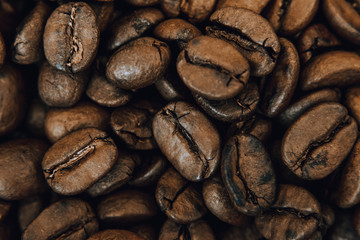 Roasted coffee beans. Macro. Background. Top view