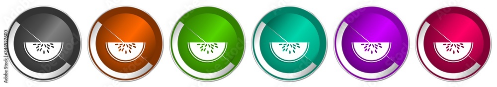Aufkleber watermeloon icon set, fresh fruit silver metallic chrome border vector web buttons in 6 colors optio