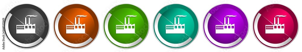 Fototapete Factory icon set, industrial building, plant, pollution silver metallic chrome border vector web buttons in 6 colors options for webdesign