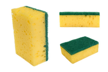 yellow sponge for washing and cleaning closeup on a white background. isolate