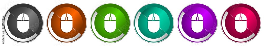 Poster Mouse, computer icon set, silver metallic chrome border vector web buttons in 6 colors options for webdesign