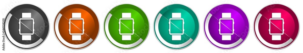 Poster Smartwatch icon set, silver metallic chrome border vector web buttons in 6 colors options for webdesign