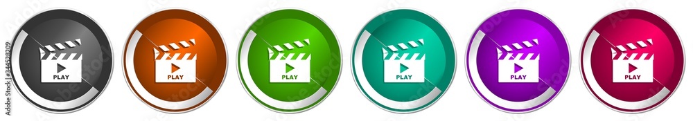 Poster Video icon set, silver metallic chrome border vector web buttons in 6 colors options for webdesign