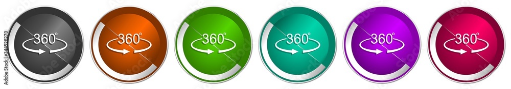 Poster Panorama 360 icon set, silver metallic chrome border vector web buttons in 6 colors options for webdesign