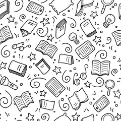 Hand drawn seamless pattern of book doodle elements, education symbols. Vector illustration for book store, reading club, learning, library wallpaper, texture concept design. Doodle sketch style. © Polina Tomtosova