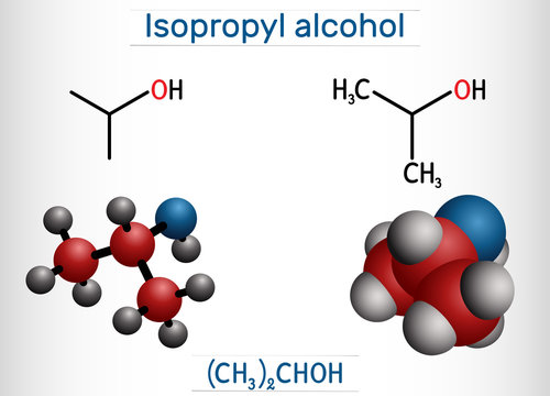 Isopropyl alcohol, 2-propanol, isopropanol, C3H8O molecule. It is isomer of propyl alcohol, used as antiseptic in disinfectants, detergents. Structural chemical formula, molecule model