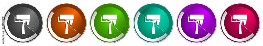 Aufkleber Paintroll icon set, silver metallic chrome border vector web buttons in 6 colors options for webdesign