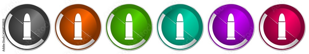 Poster ammunition icon set, silver metallic chrome border vector web buttons in 6 colors options for webdes