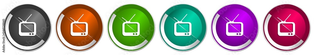 Poster Tv icon set, silver metallic chrome border vector web buttons in 6 colors options for webdesign