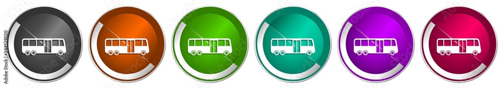 Poster bus icon set, silver metallic chrome border vector web buttons in 6 colors options for webdesign