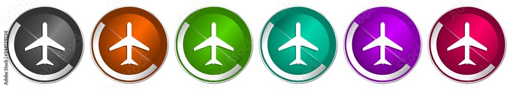 Poster Plane icon set, flight, airplane silver metallic chrome border vector web buttons in 6 colors options for webdesign