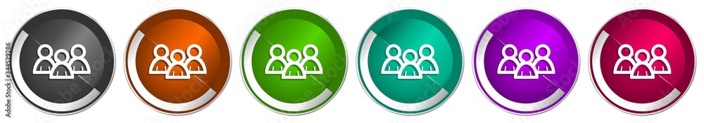 Poster people icon set, group silver metallic chrome border vector web buttons in 6 colors options for webd