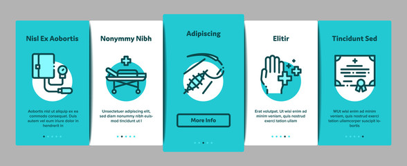 Nurse Medical Aid Onboarding Mobile App Page Screen Vector. Nurse Hat And Stethoscope, Pulse Cardiogram And Patch, Suturing Wounds And Inhaler Color Illustrations