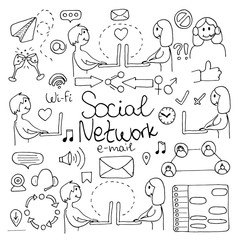 Simple illustrations of social networks, online communication, work from home, distant education, freelancer, shopping, delivery, relations, call center. Vector illustrations in doodle outline style