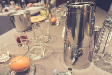 Background of cocktails mixing workshop preparation on counter bar. Professional bartender club preparing fresh delicious tasty cocktail alcohol liquor drink using beverage shaker on vintage concept