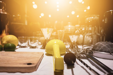 Background of cocktails mixing workshop preparation on counter bar. Professional bartender club preparing fresh delicious tasty cocktail alcohol liquor drink using beverage shaker on vintage concept