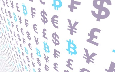 Bitcoin and currency on a white background. Digital crypto currency symbol. Business concept. Market Display. 3D illustration
